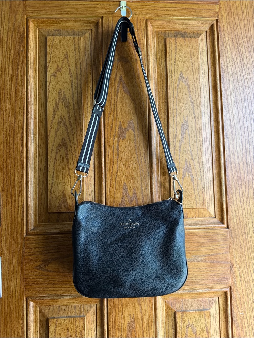 kate spade Black Leather Crossbody with Striped Adjustable Strap